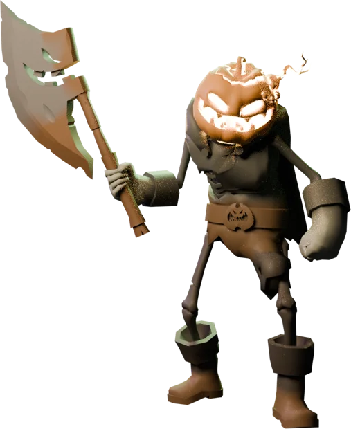 Horseless Headless Horsemann holding his Headtaker axe, with a glowing pumpkin face