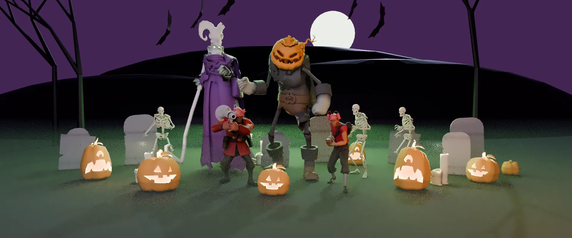 The Horseless Headless Horsemann, Merasmus and skeletons in a moonlit graveyard with glowing jack-o'-lanterns, rendered from the official TF2 models